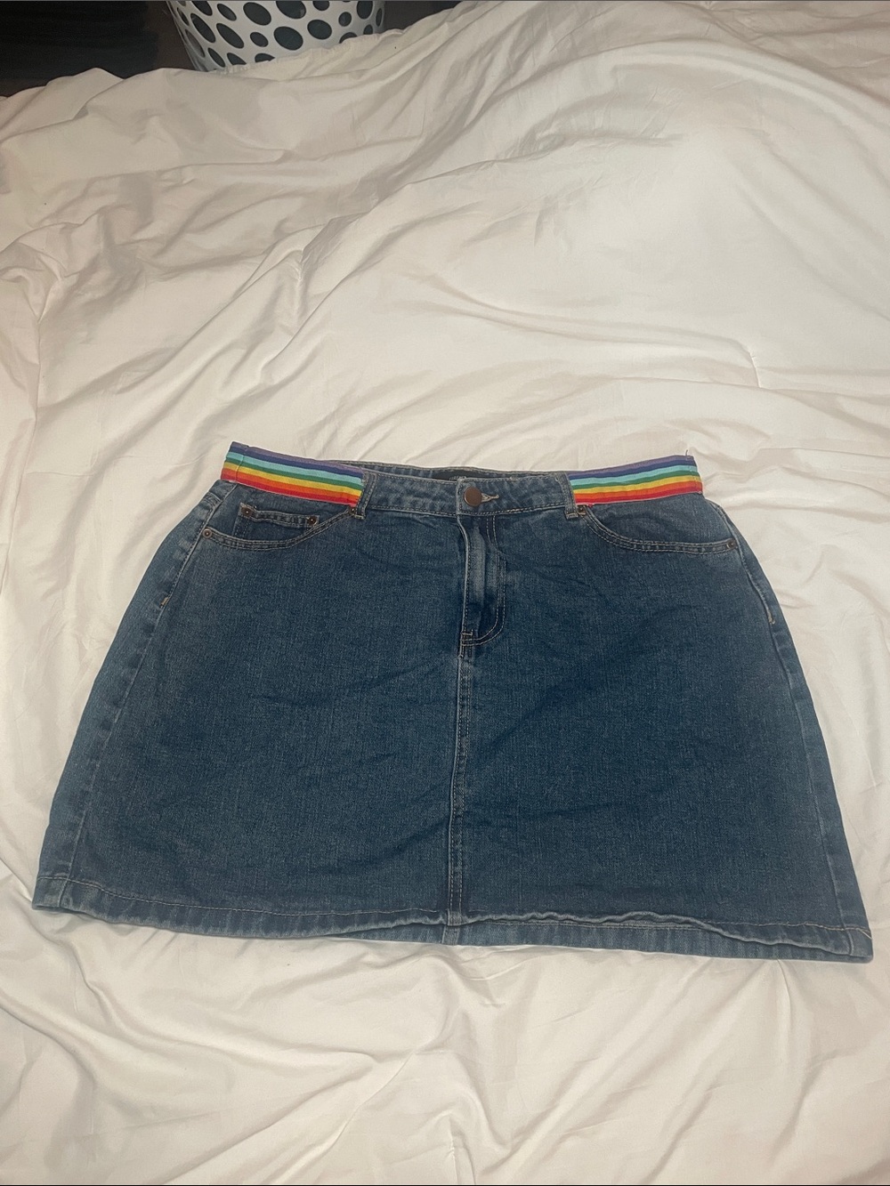 Forever 21 Dark Blue Denim Mini Skirt with Rainbow Waistband